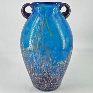 Dale Tiffany Art Glass Amphora Vase Teal Blue w copper Aventurine